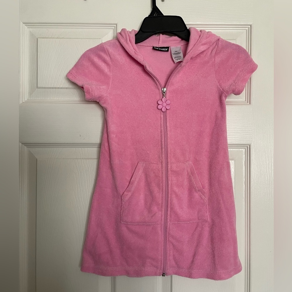Joe Boxer Pink Hooded Towel Cover Up Dress with Flower Zipper 6/6X